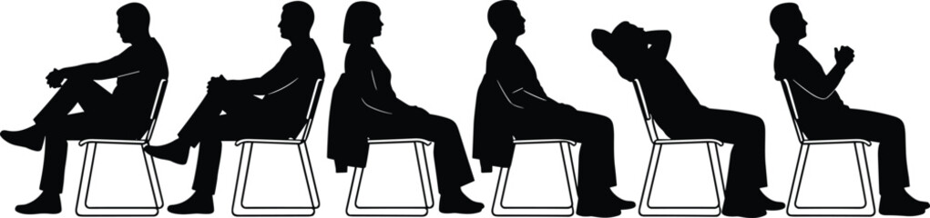 Seated posture silhouettes, body language figures, chair sitting poses, emotional expression silhouettes, nonverbal communication inspiration, black silhouettes collection © Mst