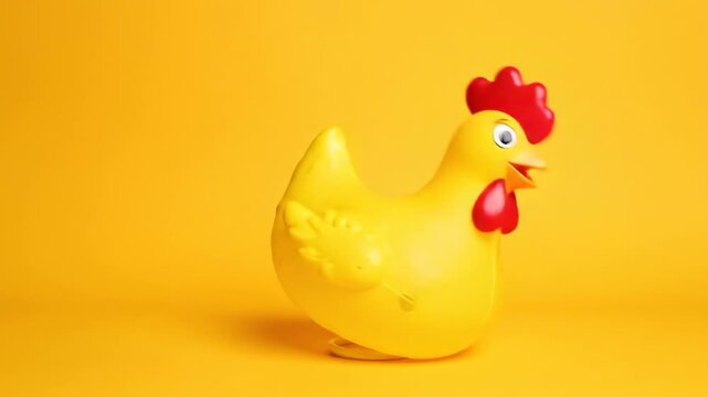 Video of silly rubber chicken wobbling against solid yellow backdrop, fun novelty item animation, comedic content background for social media and advertising.