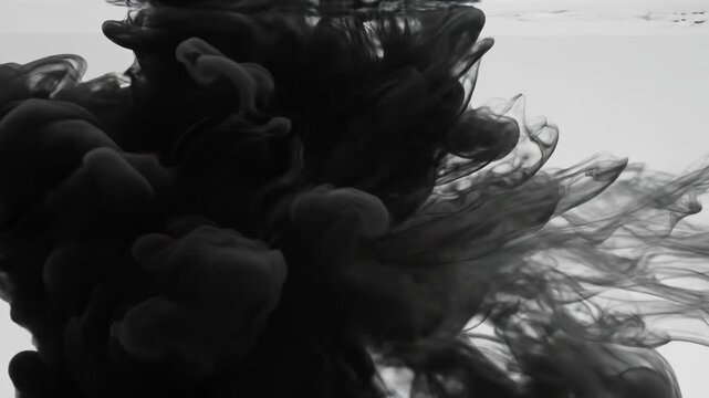 Video of black liquid ink cloud swirling in water, abstract artistic motion backdrop, contemporary design element, minimal creative texture for branding and digital media visuals.