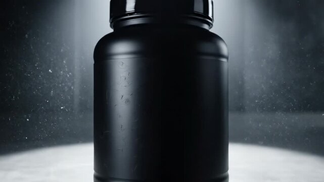 This video presents a premium protein powder jar mockup in sleek black packaging, gym supplement advertising concept, wellness product branding, and clean commercial nutrition display.