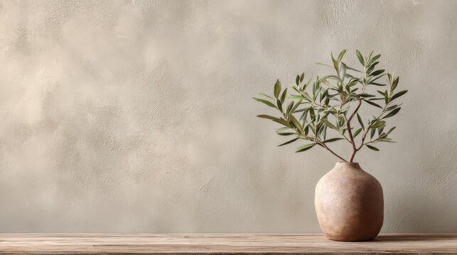 A minimalist interior featuring a wall with a raw clay plaster texture in soft Sage Green color. 