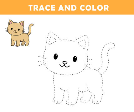 Trace and color for children. Handwriting practice. Coloring page for kids. Preschool worksheet with cute cat illustration.