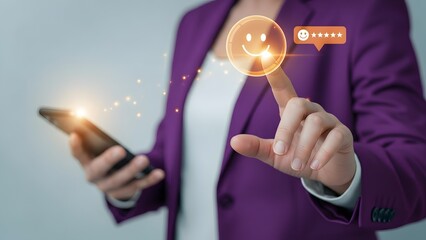 Businessperson interacting with glowing digital interface on smartphone and finger