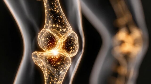 Glowing Knee Joint Illustration: A detailed illustration of the human knee joint, illuminated with a vibrant, ethereal glow, highlighting its intricate structure and internal components.