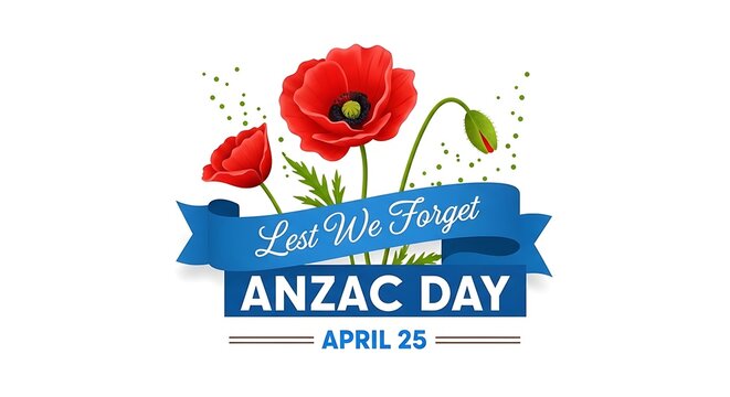 Anzac day graphic design with poppies and banner on white background