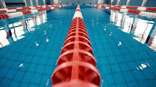 Video of backstroke lane lines in clear swimming pool with strong perspective view and visible water depth, competitive sports facility concept for training, fitness and aquatic branding media.