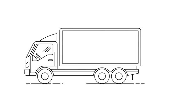 A simple line drawing of a large delivery truck or semi-trailer lorry with a blank cargo box, viewed from the side, on a white background.