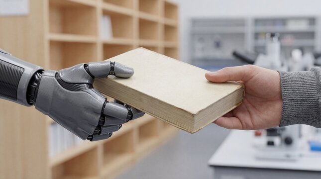Robotic hand extends a book to a human hand in a modern library setting with wooden shelves and scientific equipment visible in the background