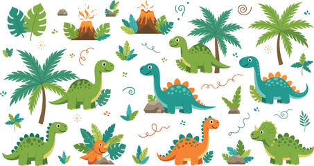 Cute Dinosaur Jungle Set with Volcano Palm Trees Prehistoric Cartoon Dino Characters Tropical Vector Illustration Collection © MdAbuSayed