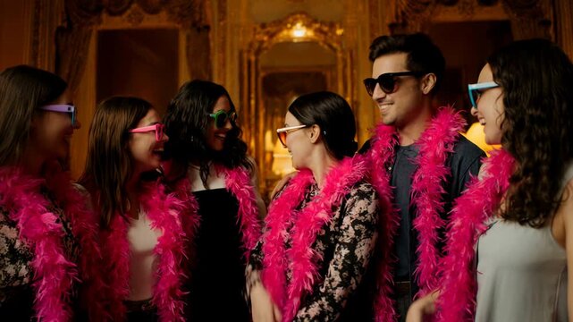 Group of friends wearing party props posing for a photo. Happy young people with sunglasses and feather boas celebrating. Holiday event and party concept