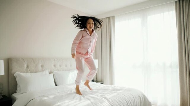 Happy Asian girl jumping on a bed in a luxury hotel suite. Child in pink pajamas playing in a bright bedroom. Family travel and holiday concept