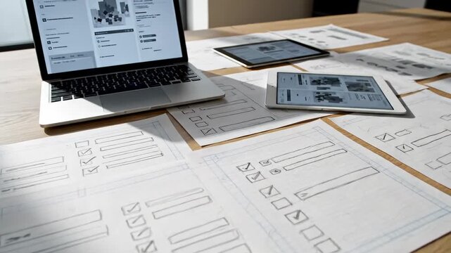 Digital Product Design \'97 wireframe sketches interface concept table in a bright contemporary studio space, large wooden table covered with neatly arranged sheets of hand-drawn UI wireframes,