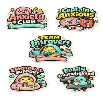 anxiety and introversion sticker collection, introvert mood sticker set, social anxiety doodle illustrations, cute anxious character stickers, mental health awareness sticker pack, shy introvert carto