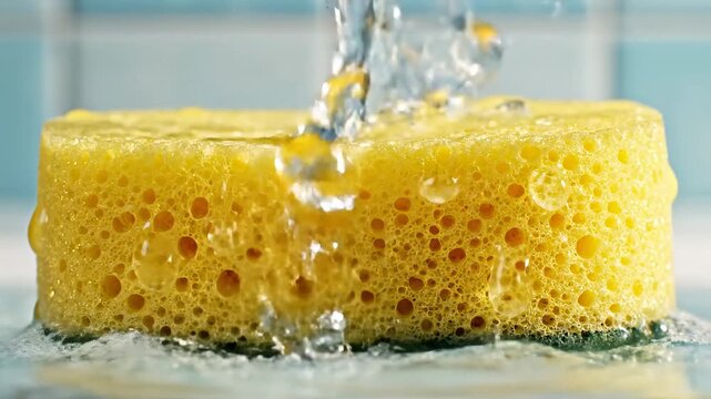 Video of wet cleaning sponge releasing water drops in macro view, sanitation routine theme, kitchen cleaning visual, moisture texture detail and fresh minimal background.