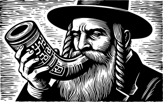 Portrait of an Orthodox Jewish man with beard blowing the Shofar. Detailed woodcut vector illustration of a Rabbi for Jewish holidays. Jewish religious tradition concept, man in a hat with ceremonial 