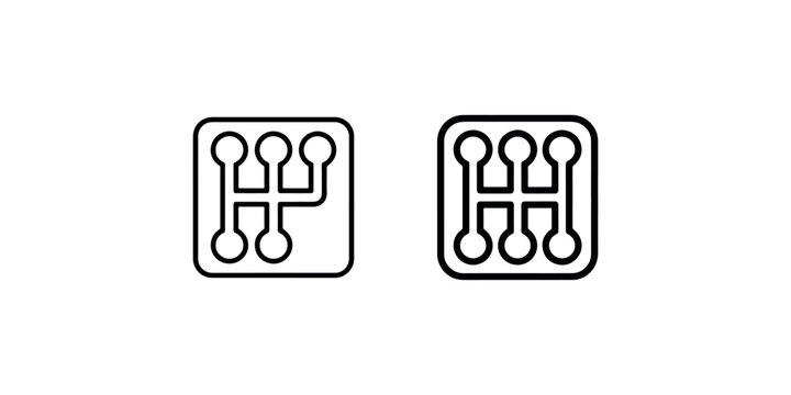 Vector icons for car gear shift patterns. Manual transmission layout for automotive dashboard symbols. Set of modern linear graphic design elements.
