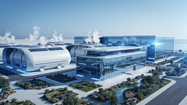 Video of advanced small modular reactor complex with futuristic architectural design, modern nuclear power innovation visual for corporate presentations and renewable transition campaigns.