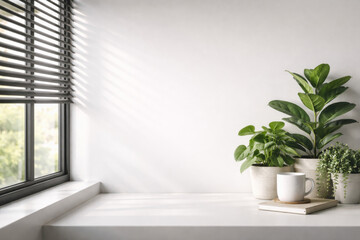 Fototapeta premium Minimalist home office desk with potted plants enjoying morning sunlight