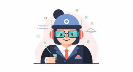 Obraz premium Person wearing headphones and glasses, holding a pointer, in a suit