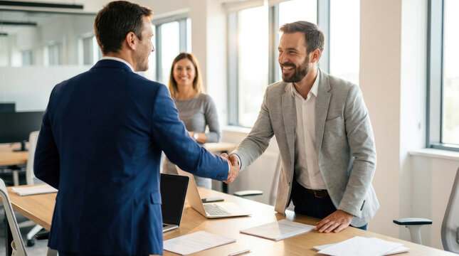 House deal handshake between two men in suits with a woman visible in the background inside a bright room with vertical lines