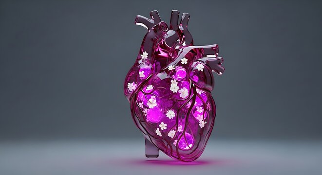Transparent heart model with flowers illuminated against dark background