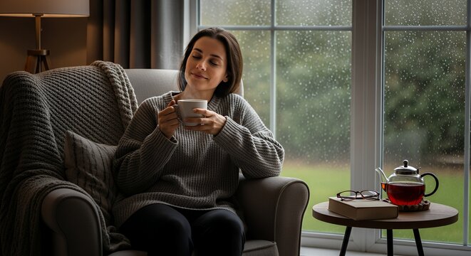 A woman enjoys a warm cup of tea while relaxing in a comfortable armchair by the window on a rainy day, creating a cozy atmosphere