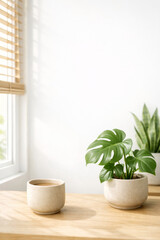 Fototapeta premium Monstera plant and coffee cup on wooden table
