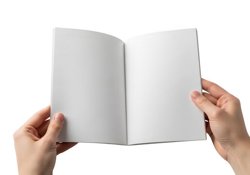 Open book held by hands displaying blank pages on transparent background
