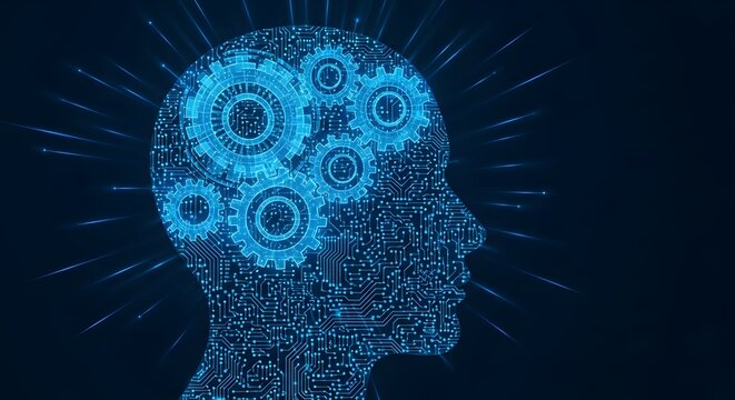 Digital blue human head silhouette with inner gear mechanism symbolizing AI automation and cognitive technology