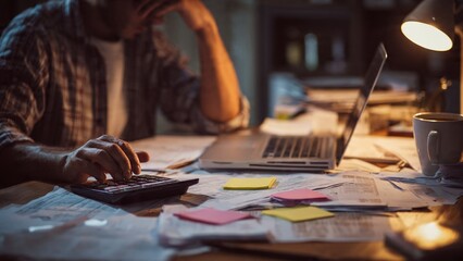 Fototapeta premium Late Night Tax Calculation and Financial Paperwork at Home Office