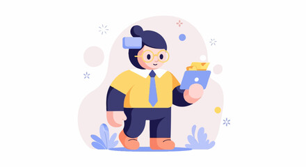 Obraz premium Stylized figure with VR headset holding a tablet and data