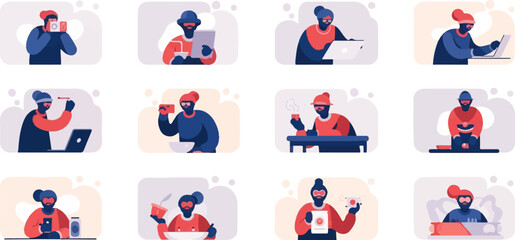 Fototapeta premium Pixelated people engage in various activities like photography, dining, and technology use