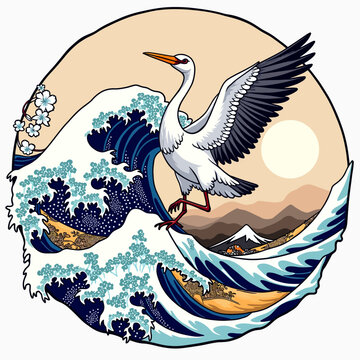 Beautiful traditional Japanese vector illustration of an elegant crane soaring over dynamic crashing ocean waves for classic oriental art and cultural concepts.