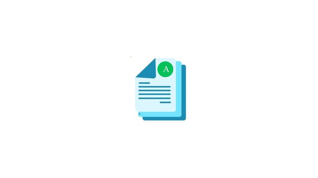 Animated stack of documents with the letter a on a green circle in a bright minimalistic design.