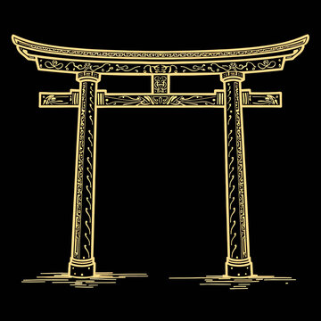 Elegant minimalist golden line art vector illustration of a traditional Japanese Torii gate on a dark black background for classic oriental architectural designs.