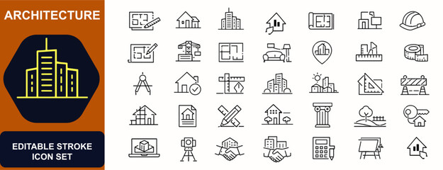 Fototapeta na wymiar Architecture outline web icons in line style. Blueprint, residential building, urban property, engineering plan, interior layout, house, skyscraper. Editable stroke. Vector illustration.