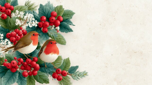 Two red-breasted robins perched among lush holly leaves and clusters of vibrant red berries in a corner arrangement on a light cream textured background.