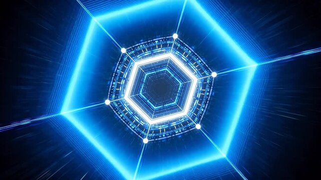 Futuristic blue hexagonal tunnel structure in space