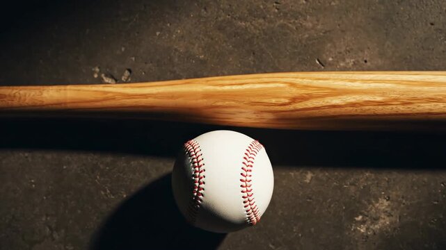 Video of Minimal Baseball Equipment Layout Background, bat and ball arranged in simple composition, sports branding concept for advertising and digital design.