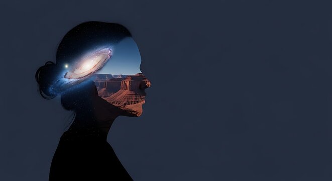 Woman silhouette with galaxy and cityscape merging visual composite