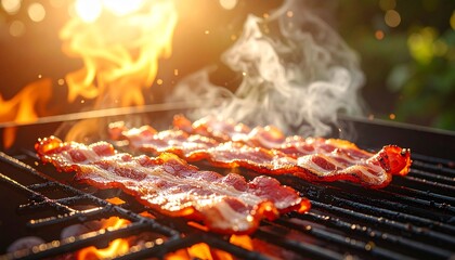 Bacon strips are being grilled over open flames on a barbecue
