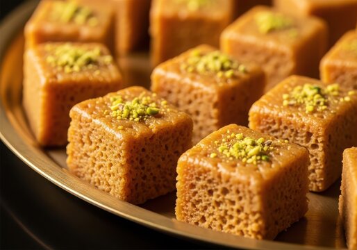 A plate of traditional middle eastern sweet dessert called basbousa or keshta