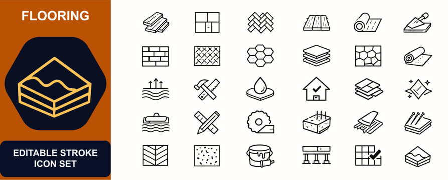 Flooring web icons in line style. Parquet wood planks, tile surface, deck boards, interior material, vinyl pattern, house renovation. Editable stroke. Vector illustration.