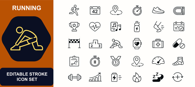 Running web icons in line style. Athlete, marathon, jogging route, stopwatch, sneakers, track, trophy, cardio. Editable stroke. Vector illustration.