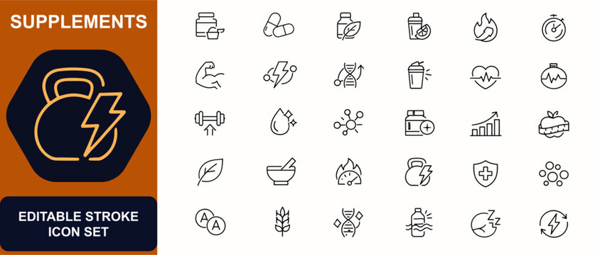 Supplements web icons in line style. Protein powder, vitamin capsule, herbal bottle, detox drink, metabolism boost, muscle energy. Editable stroke. Vector illustration.