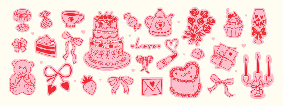Hand drawn pink coquette sticker set. Cute girly elements with bows, ribbons, cherry, cake, toy bear, cocktail and strawberry. Romantic vintage vector illustration for Valentine day, wedding invitatio