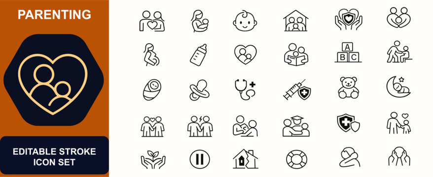 Parenting web icons in line style. Family care, baby, adoption, maternity, child development, education, discipline, support shield. Editable stroke. Vector illustration.