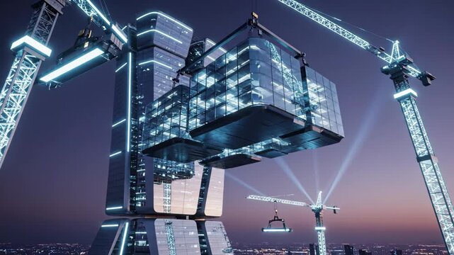 Futuristic Megastructure Construction concept in a stylized interpretation, sleek modular building segments being lifted into place by illuminated cranes against a deep twilight sky, subtle glowing