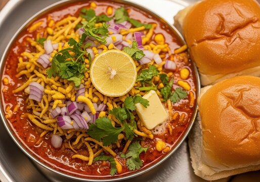 A plate of misal pav, a popular indian street food dish with spicy curry and bun