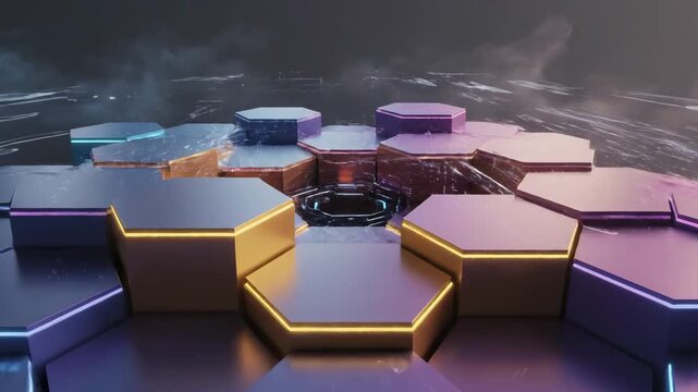 Video showcasing bold colorful honeycomb structure expanding in abstract space, futuristic geometric texture for innovation themes, fintech branding and motion graphics overlays.